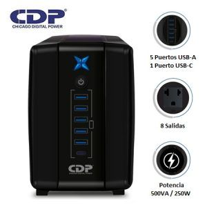 UPS CDP R-UPR508I 500VA/250W 8 SALIDAS / 5 PORT USB / 1 TIPO C / AUTONOMIA 20MIN BLACK (R-UPR508I)