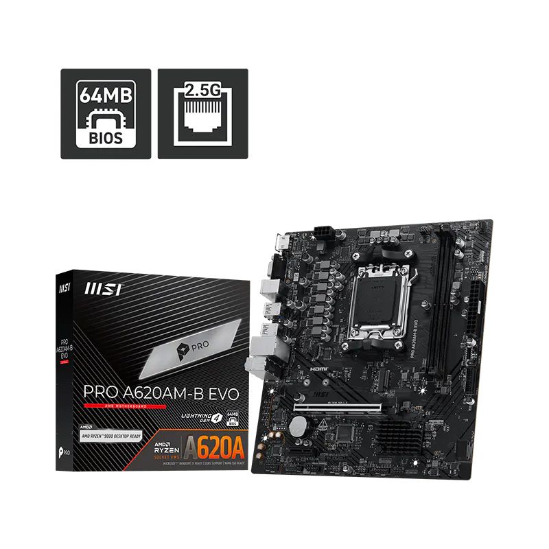 PLACA MSI PRO A620AM-B EVO, CHIPSET AMD A620A, SOCKET AM5, HDMI, VGA, MATX